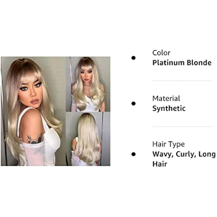 DILLARDS Emmor Ash Blonde Wig With Bangs Long Platinum Blonde Wave Wig Heat Resistant Synthetic Fiber Wigs Ombre Color Wig For Women Dark Brown Root Natural Looking - Image 5